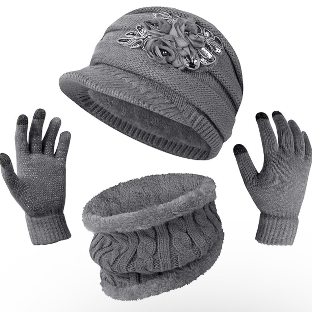 3 in 1 Hat Scarf and Gloves Set, Fleece Lined Warm Beanie Hat Newsboy Cap sets